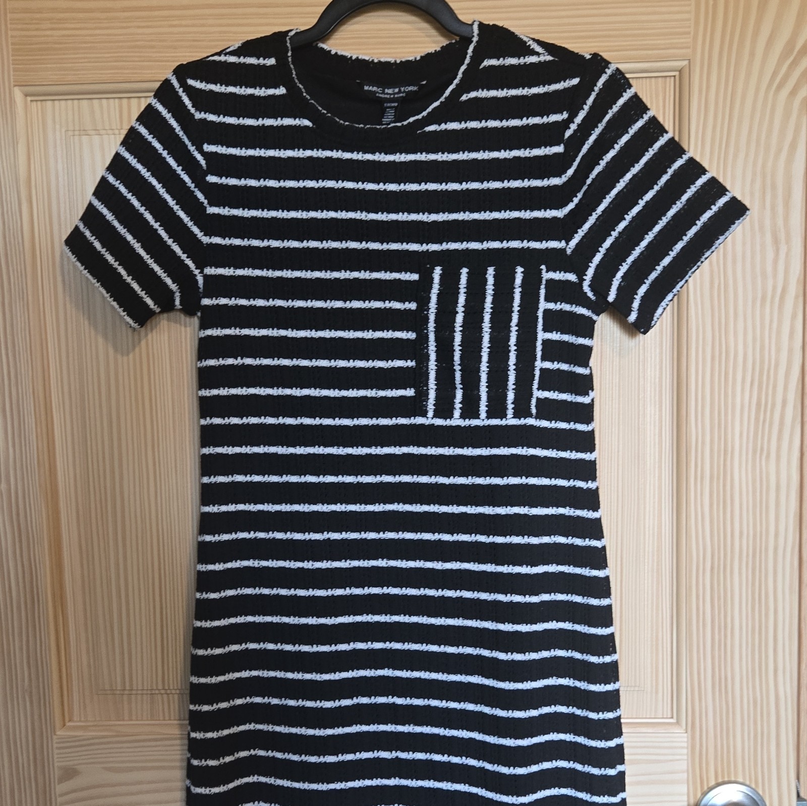 Andrew Marc Women’s Black White Striped Knit Crew Neck Midi Pocket Dress XS