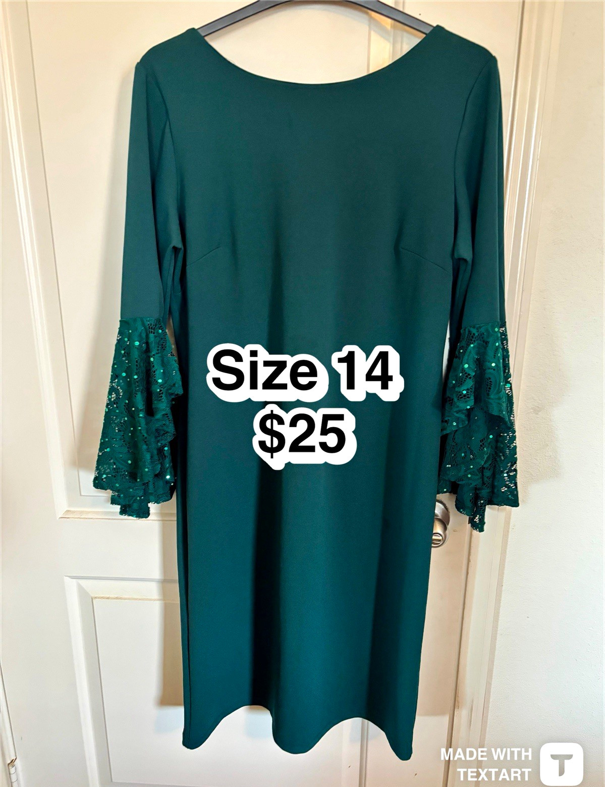Dressbarn Women’s 14 Regular Green Solid Lace Fit & Flare Midi Boat Neck