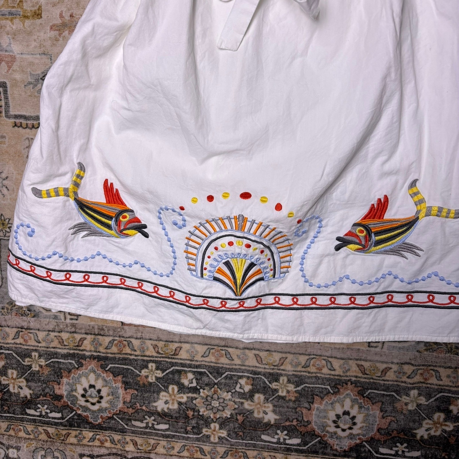 Anthropologie Aryeh White Cotton Embroidered Fish Sundress Top Smocked Waist M/L