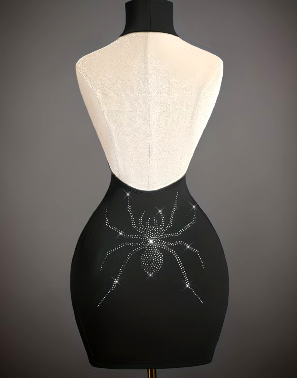 Large Black RHINESTONE SPIDER Bodycon. Sleek Knit Backless Mini Dress. SCARY!