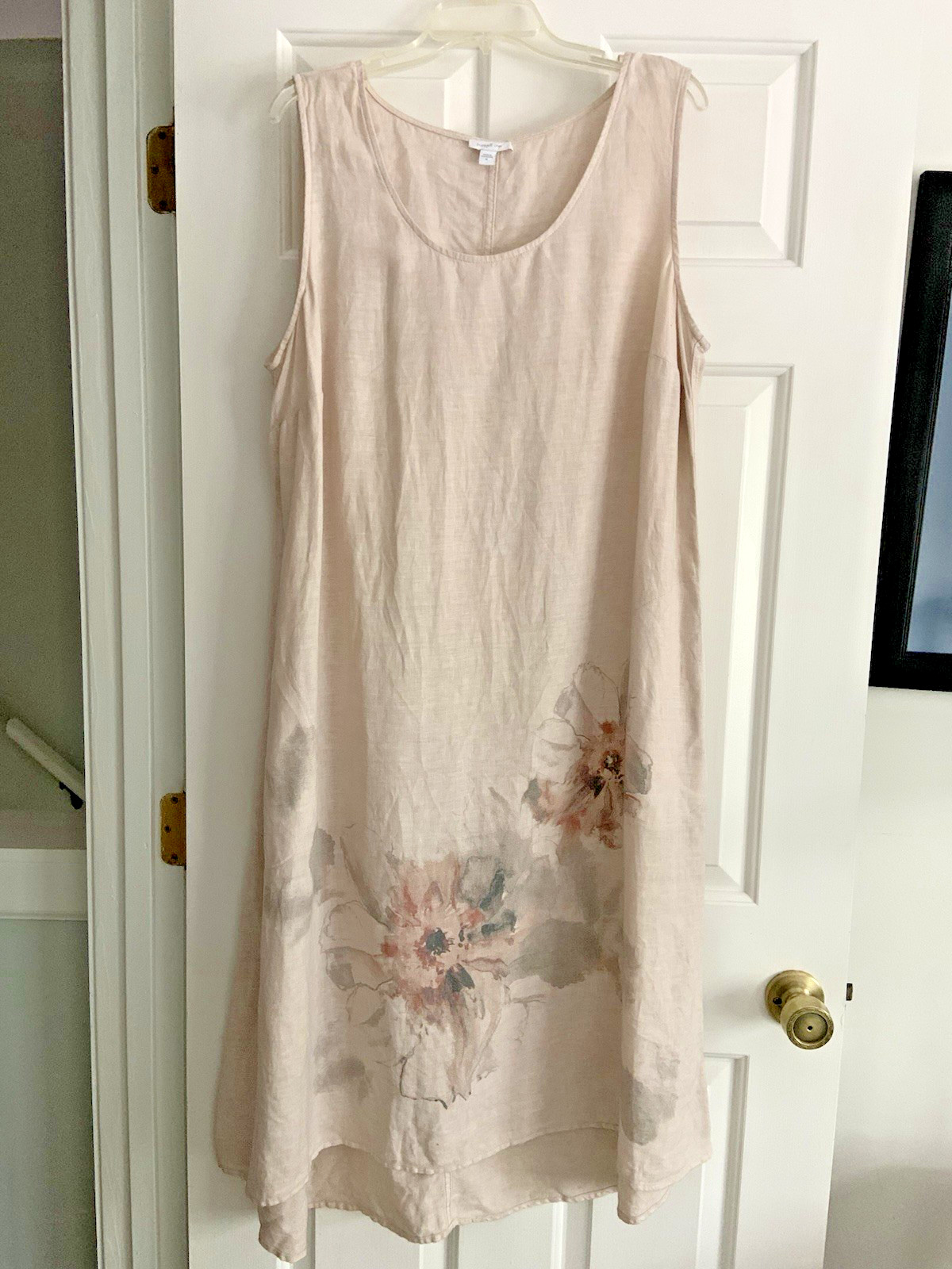 Pure Jill Linen Sleeveless Midi Hi-Lo Dress Lagenlook Tan Floral Pockets sz XL