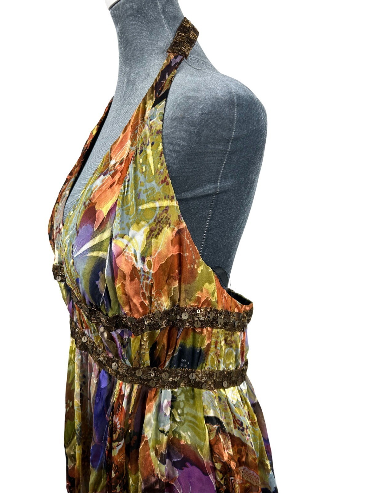 Vintage Cassandra Stone Size12 Inspired Halter Dress Midi Multicolor Silk Blend