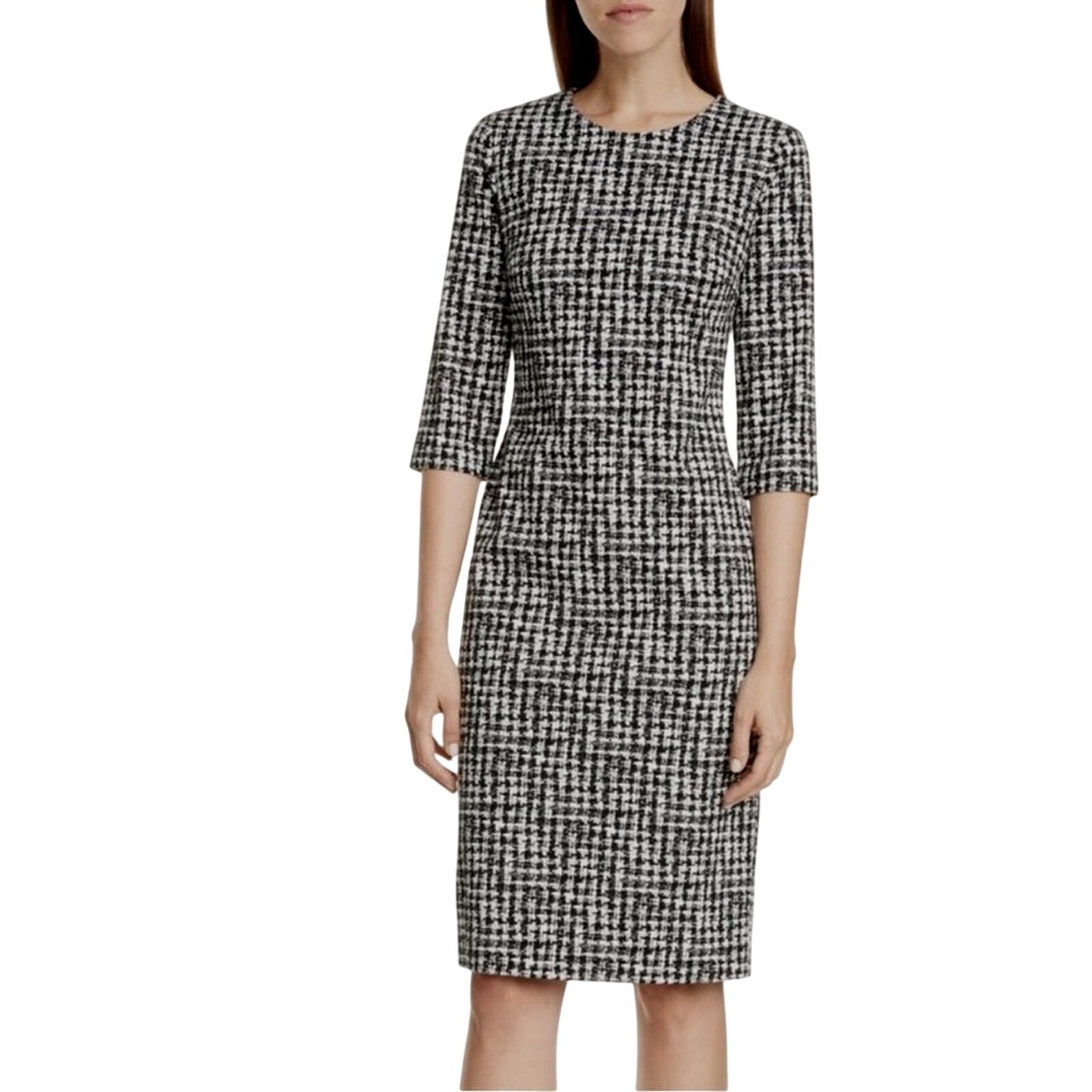 Hugo Boss Black White Polyester Cotton Fitted Career Sheath Dress | Size 0