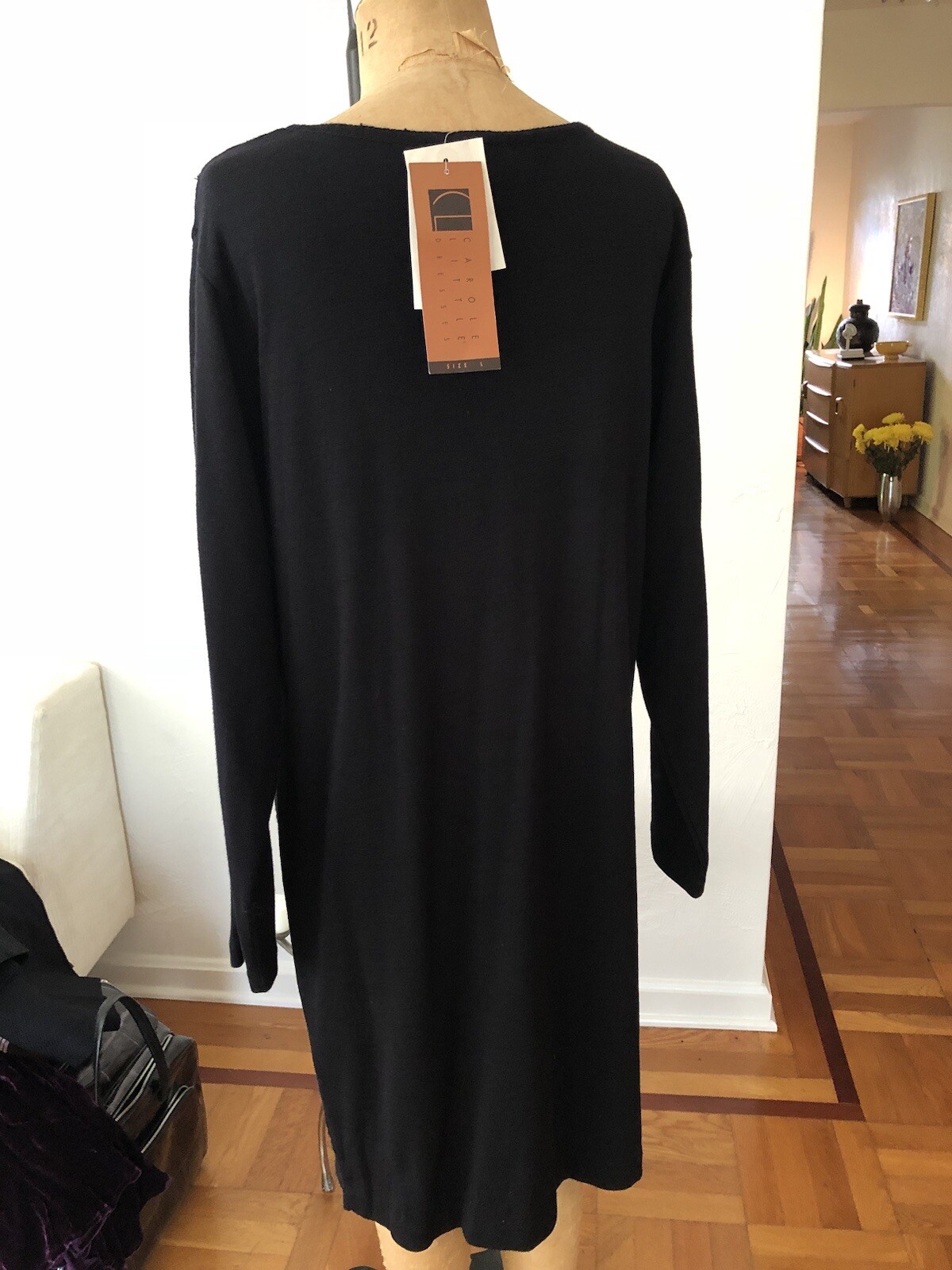 Metallic Gold Embroidered Black Acrylic Wool Knit CAROLE LITTLE Sweater Dress L