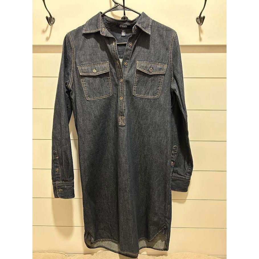 Chaps Denim Womens Dark Wash Long Sleeve Button Front Shirt Dress Indigo Small