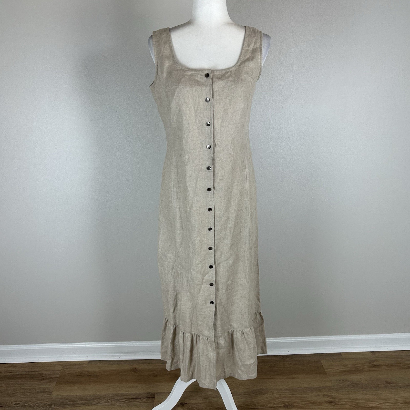Linen Beige Brown Maxi Dress 4 Cottage Peasant Quiet Luxury Prairie Vintage