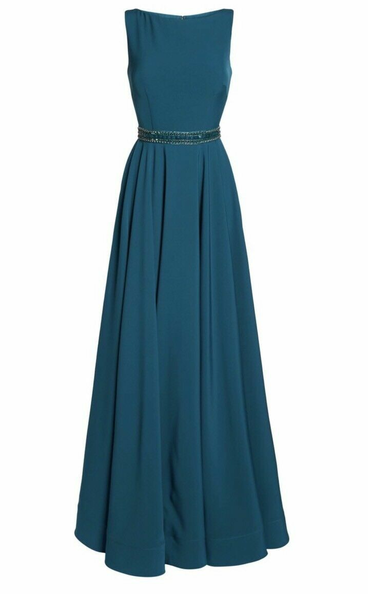 IEENA by MAC DUGGAL Teal Blue Green Beaded Waist A-Line Maxi Gown Dress 6 = S