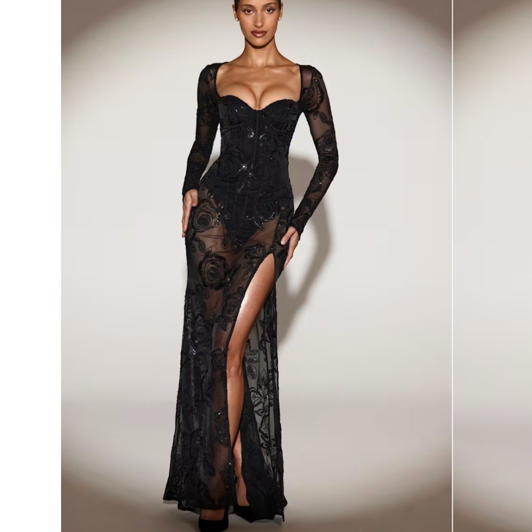 Oh Polly Nazara Black Sheer Embellished Bodysuit Sz 8 Corset Maxi Gown Dress NEW