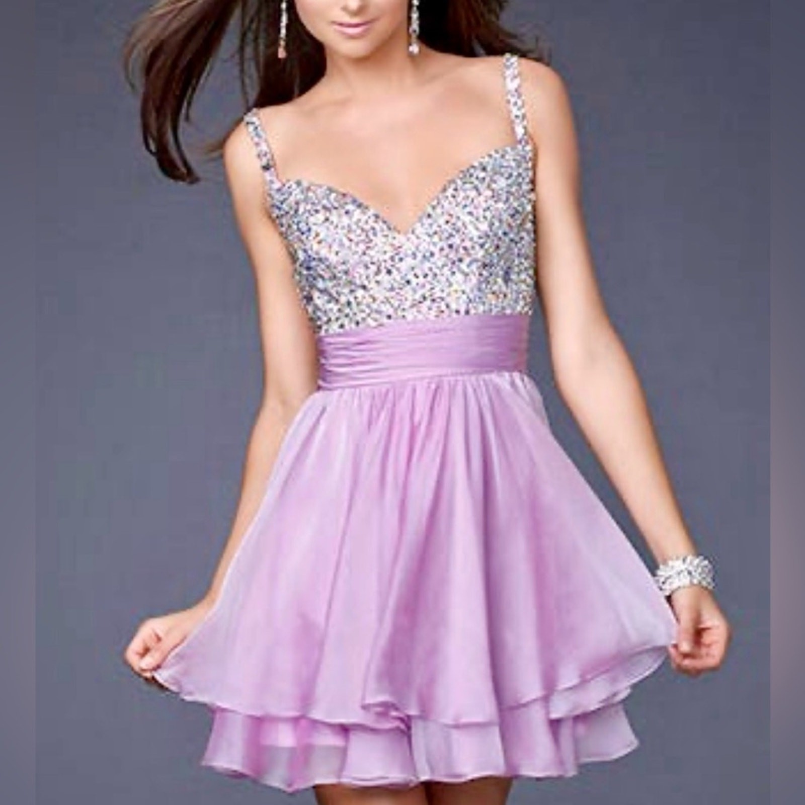 La Femme Be-Jewelled Lavender Dress Floaty Hemline Sweetheart Neckline Size 4