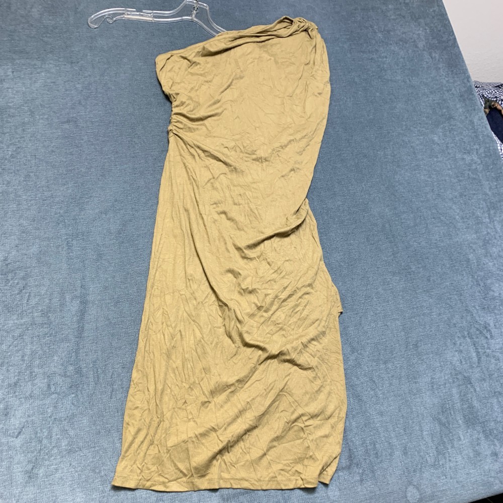 Micas Ruched Bodycon Dress Womens Large Khaki Asymmetric One Shoulder Front Slit