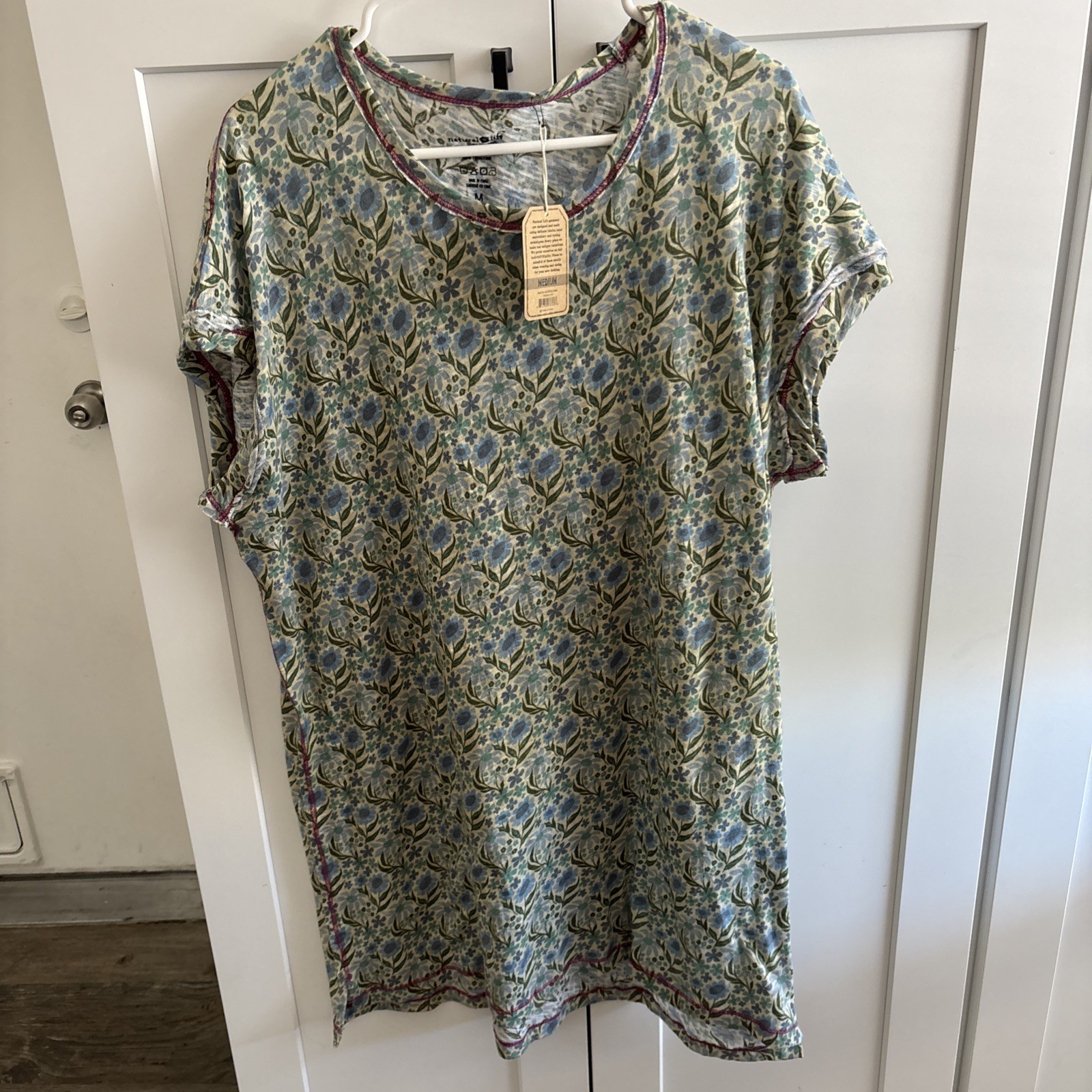 NWT Natural Life Frankie Knit Tee Mini Dress Cotton Slub Blue Green Floral M