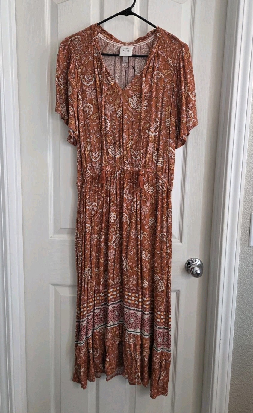 Knox Rose Dress Womens L Orange Rust Flutter Short Sleeve Tier Maxi Floral Boho