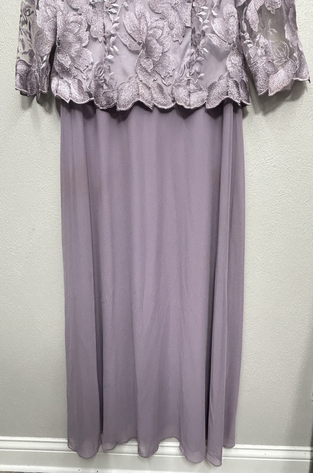 Alex Evenings Evening Dress Gown Large Smokey Orchid Lace Bodice 3/4 Sleeve READ