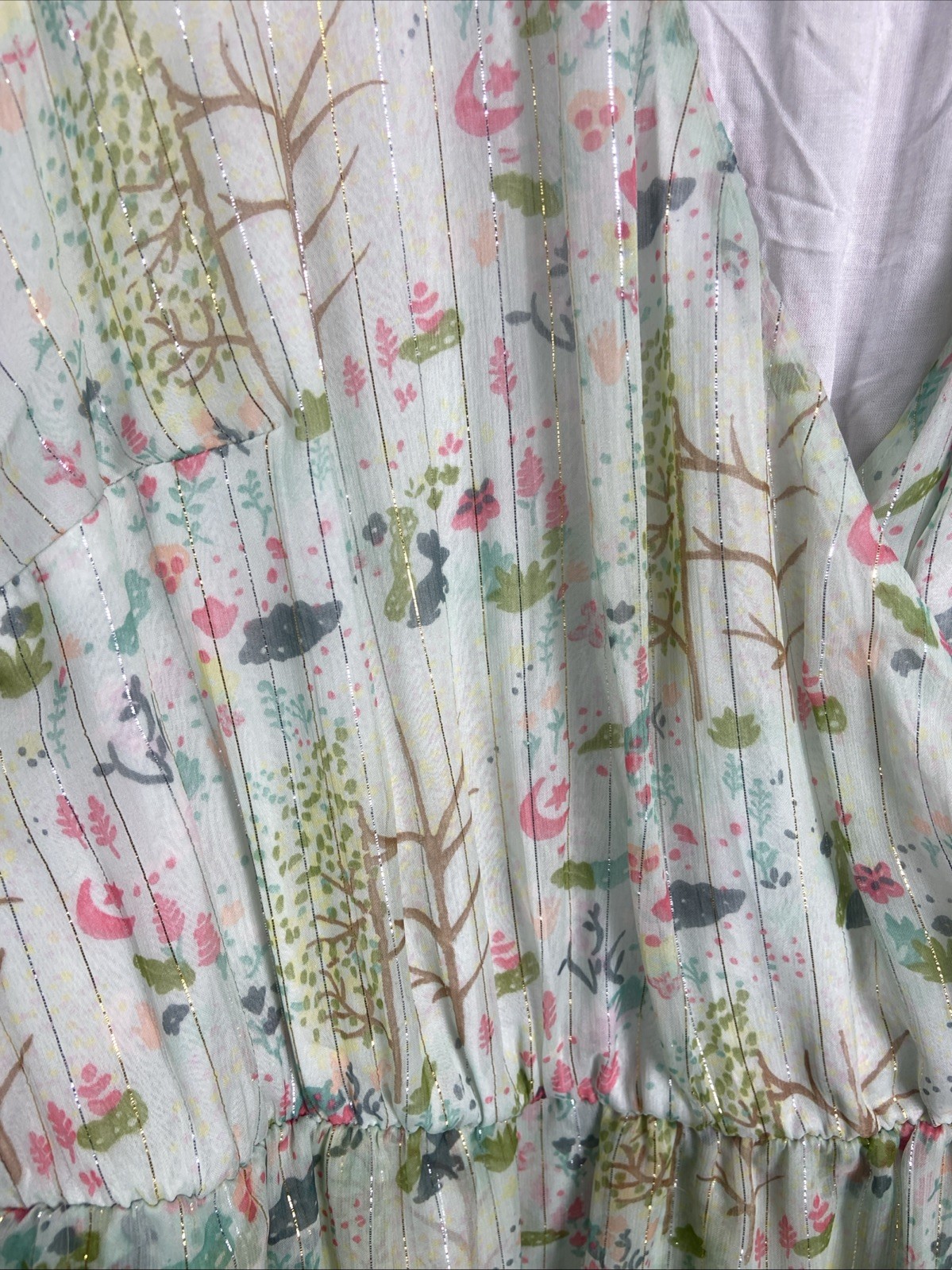 Oliver Bonas Sheer Floaty Leaf Print Midi Dress Ruffle Metallic Detail Size 16