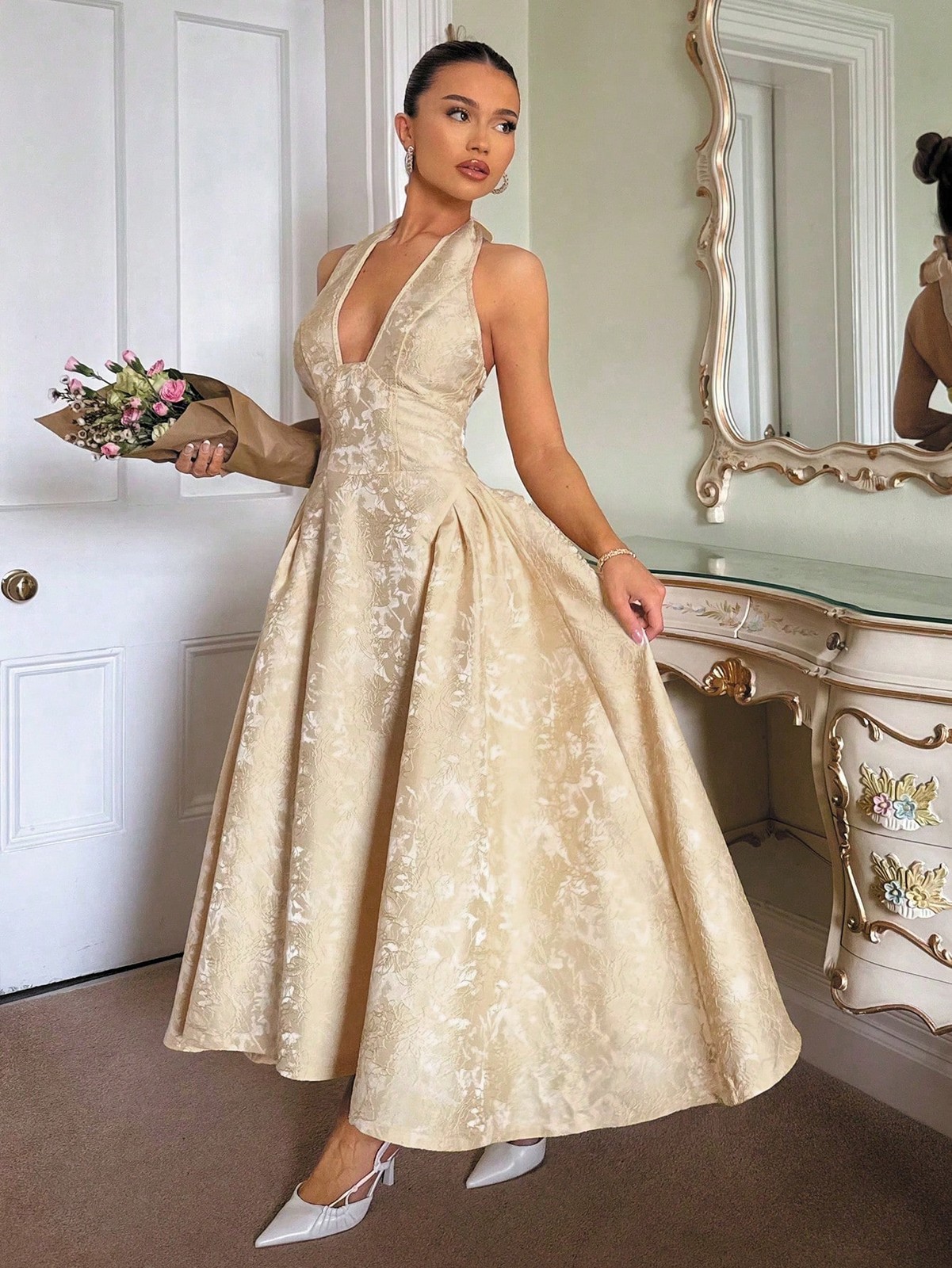 Elegant Women’s V Neck Long Dress in Apricot Colour