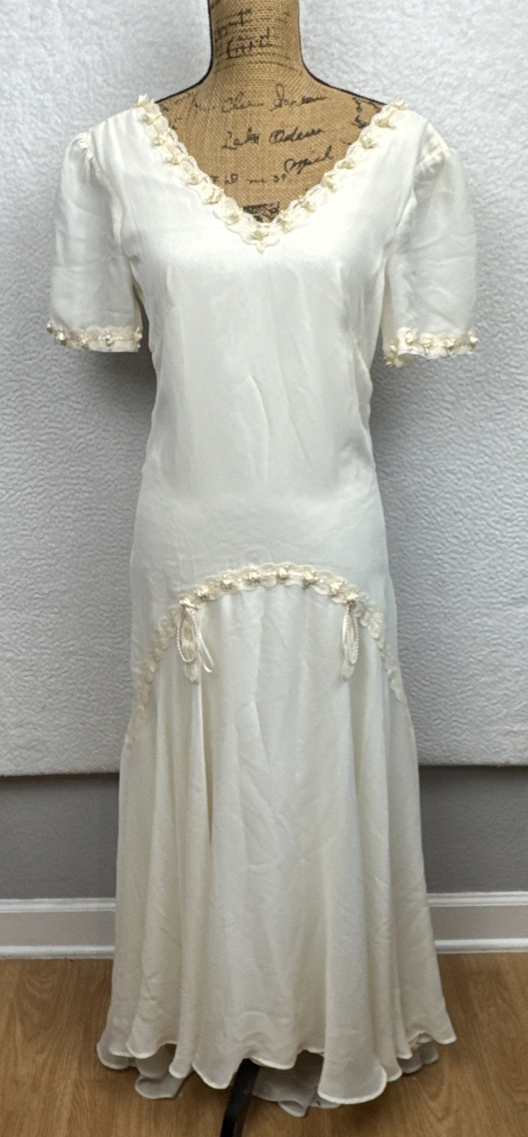 Women’s Ivory Cream Lace Bead Accent Maxi Dress Cottagecore Bridal Elegant