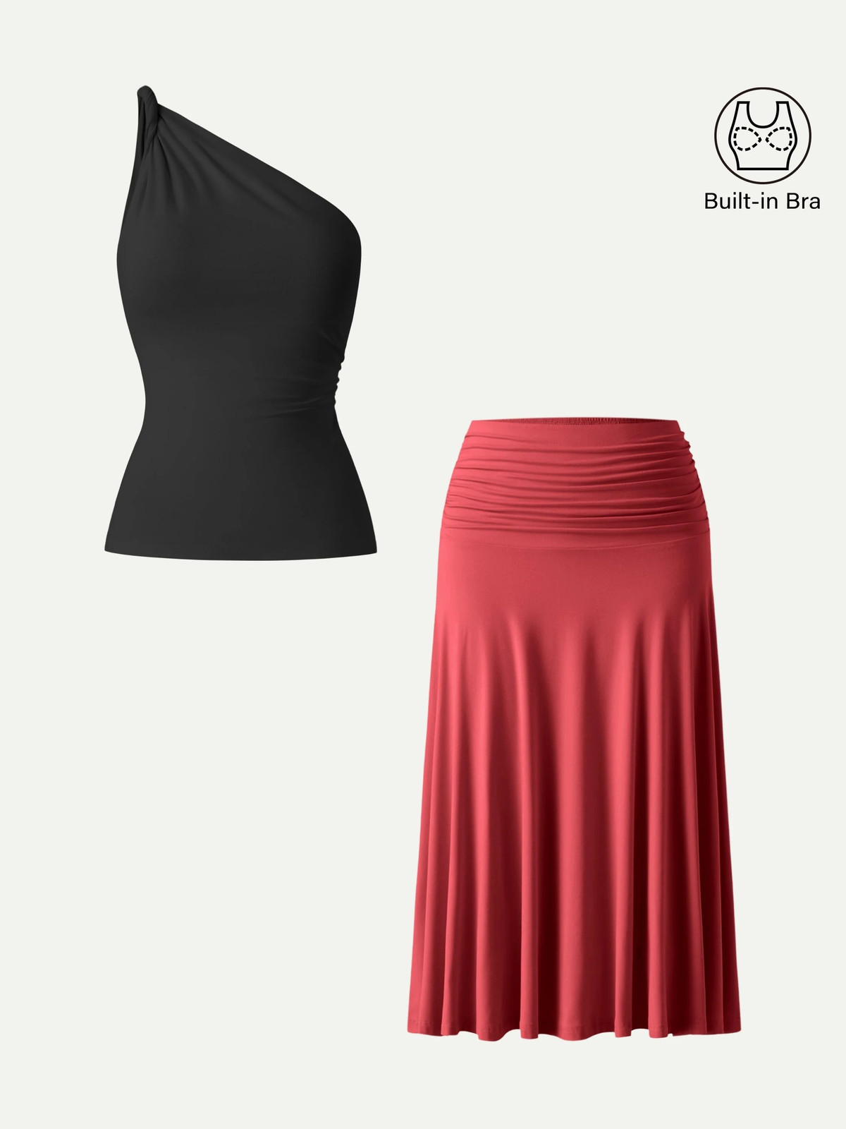 OGL 2Pcs Set One Shoulder Twisted Bra Tank & Side Ruched A-line Midi Skirt