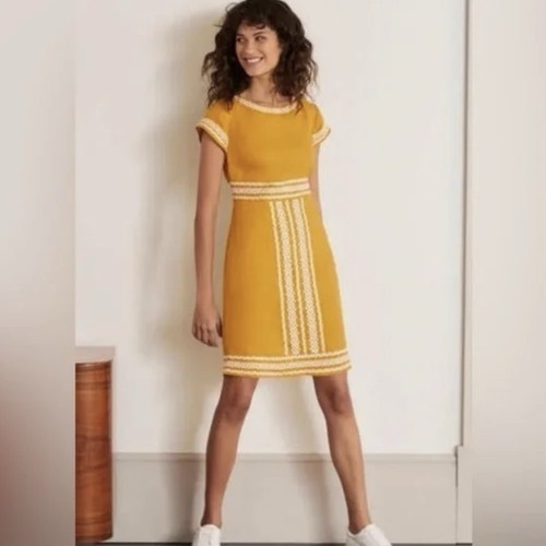 Boden Yellow Embroidered Linen Shift Dress Short Sleeve US 6R Knee Length