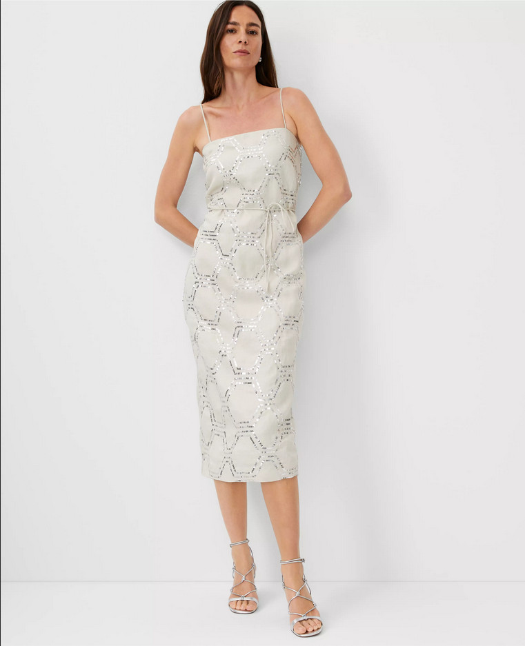 NEW ANN TAYLOR $248 STUDIO COLLECTION LINEN SEQUIN SPAGHETTI STRAP MIDI DRESS 4
