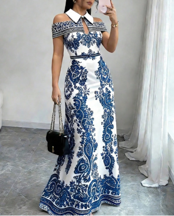NWT BellanBlue White Maxi Dress with Blue Floral Print