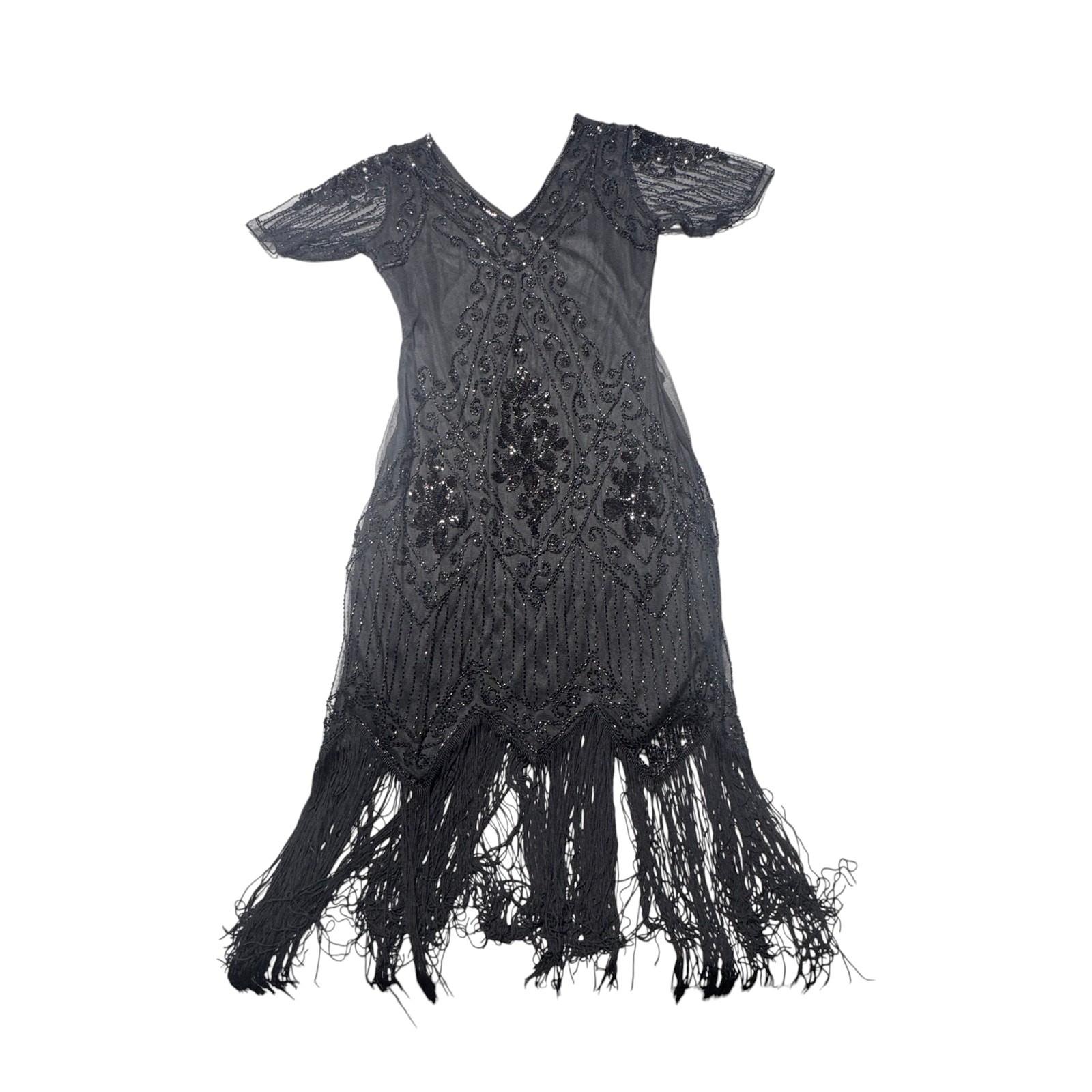 Babeyond Flapper Dress Womens L Black Beaded Sequin 1920s Great Gatsby Fringe