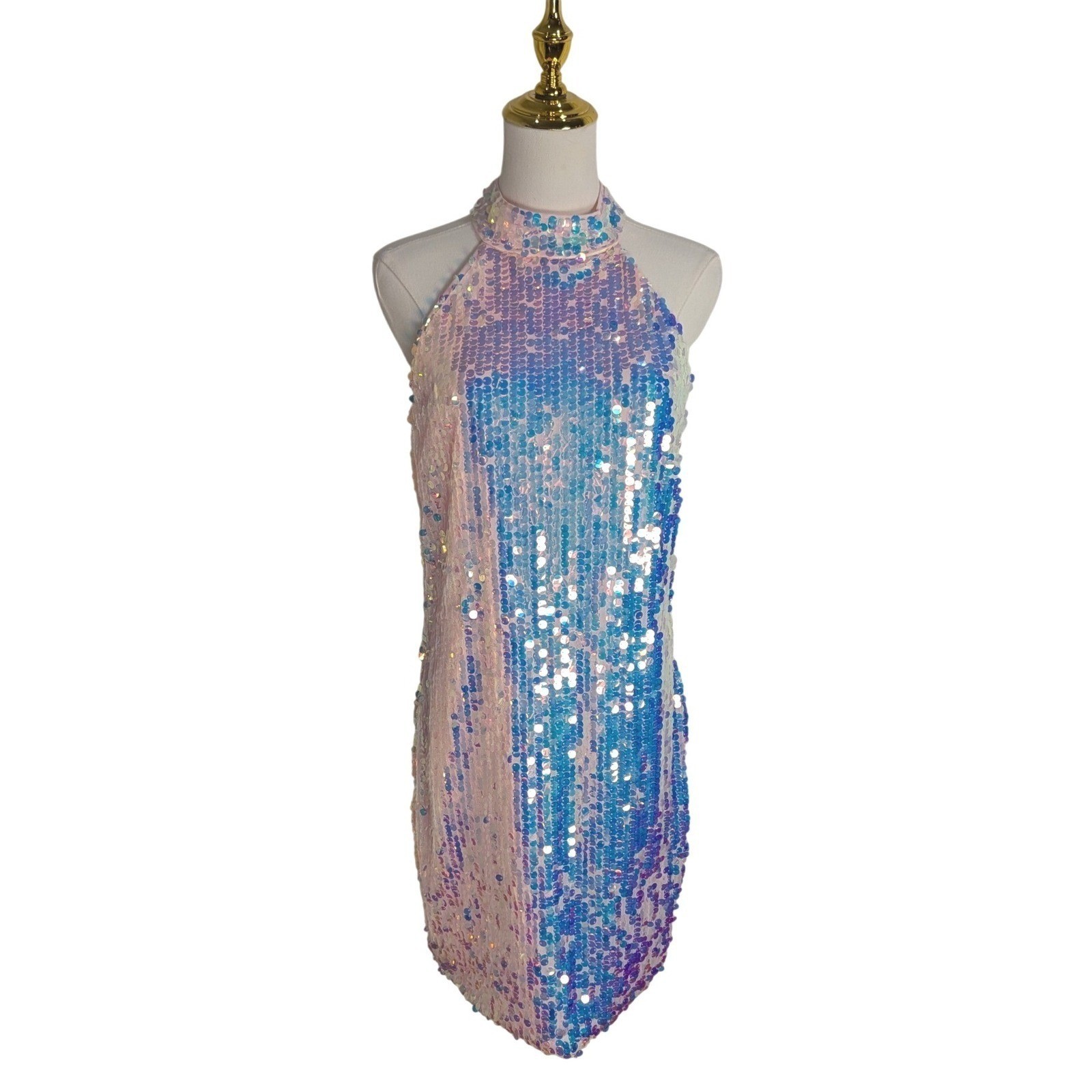 Altar’d State Opal Sequin Mini Dress L Halter High Neck Iridescent Mermaid Party