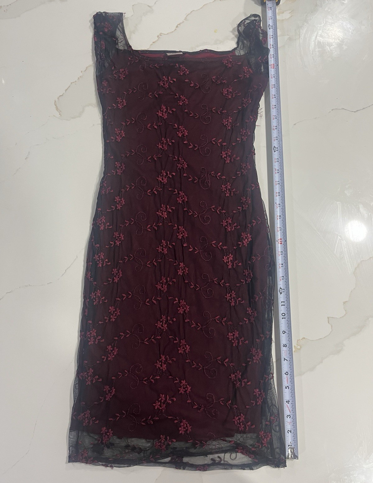 Y2K Vintage Ceduxion Women’s L Burgundy/Black Bodycon Mesh Floral Sheer Dress