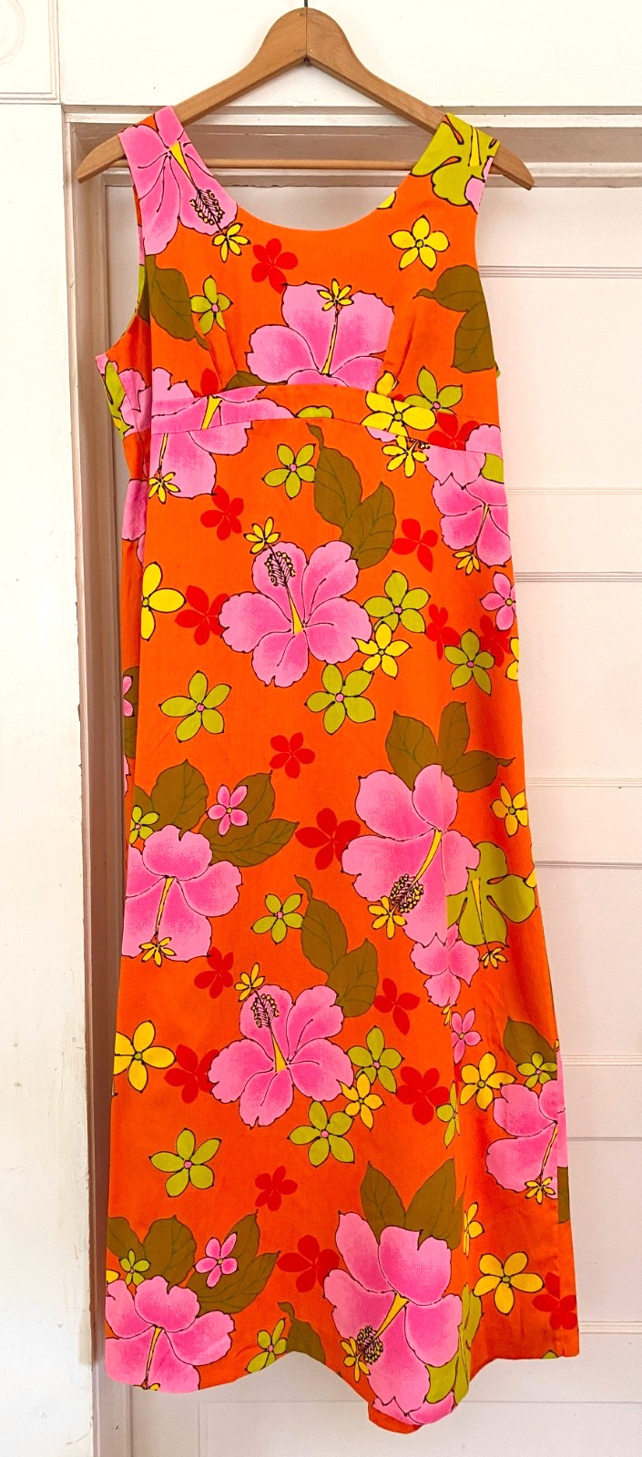 Vtg Honolulu Hawaiian Maxi Dress Neon Pink Orange Hibiscus Floral 60s 70s Large