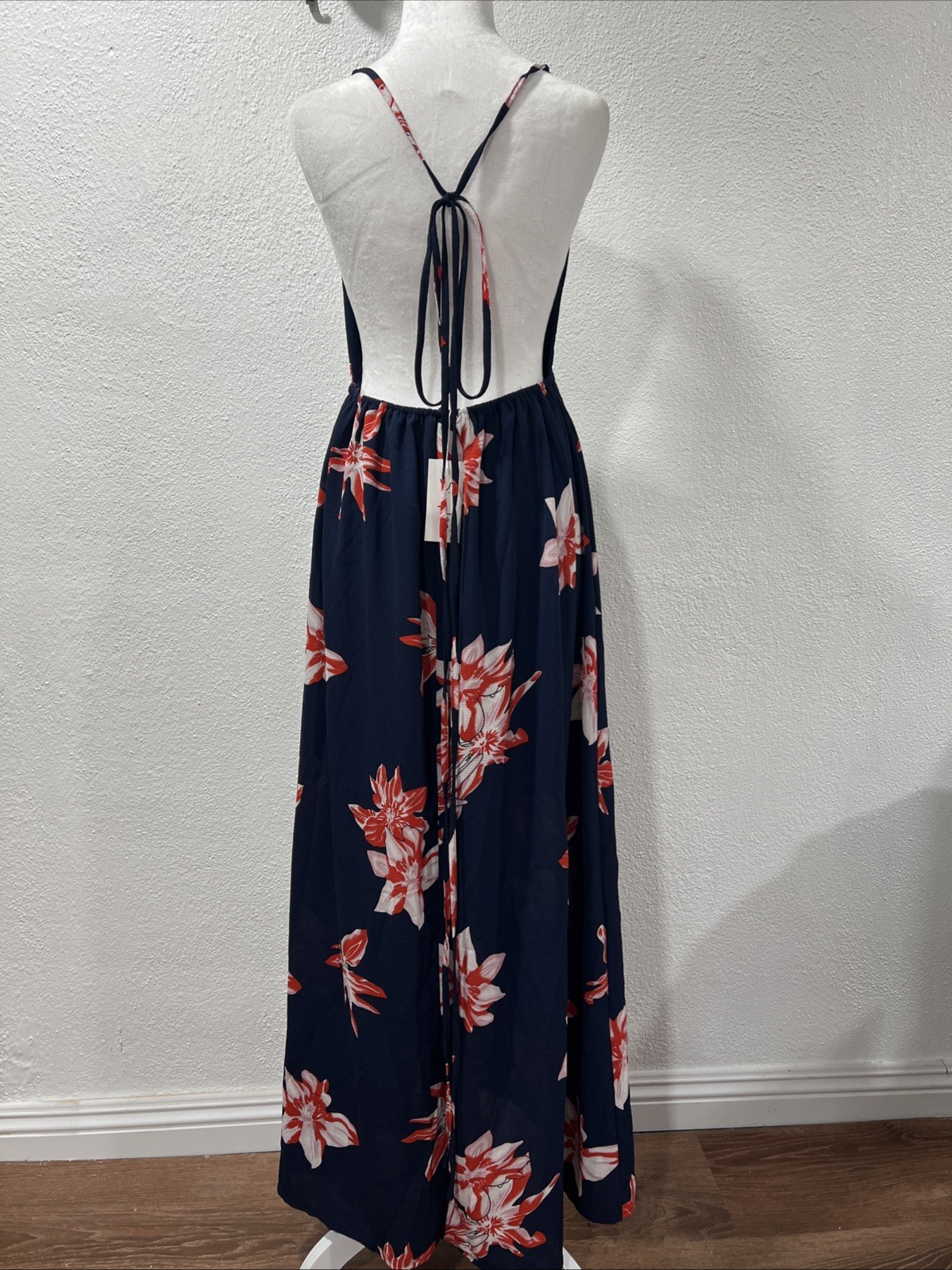 Simplee Floral Maxi Dress Large Navy Orange V-Neck Halter Mock Wrap High Slit