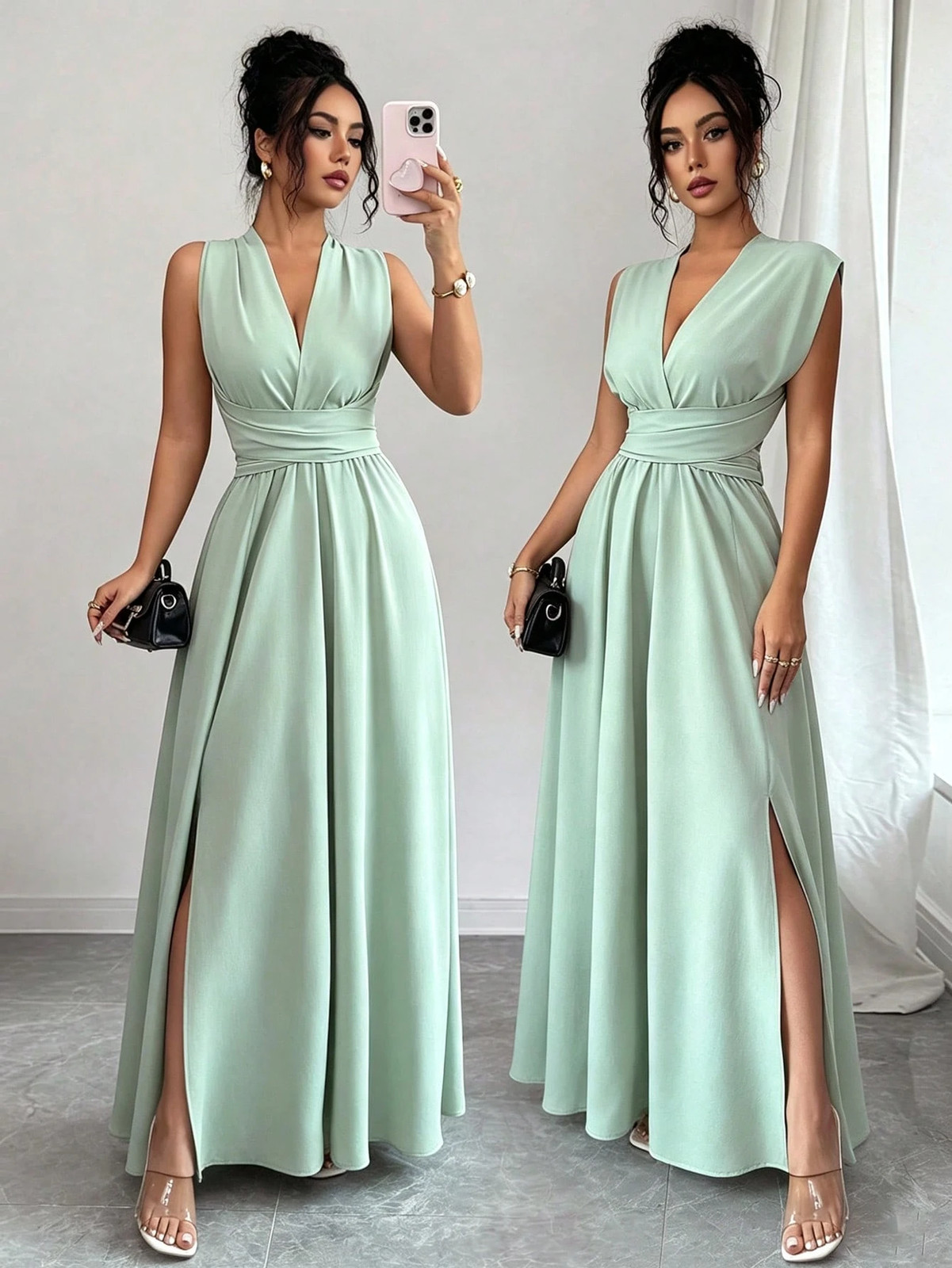 Ladies Elegant Sage Green V Neck Maxi Dress