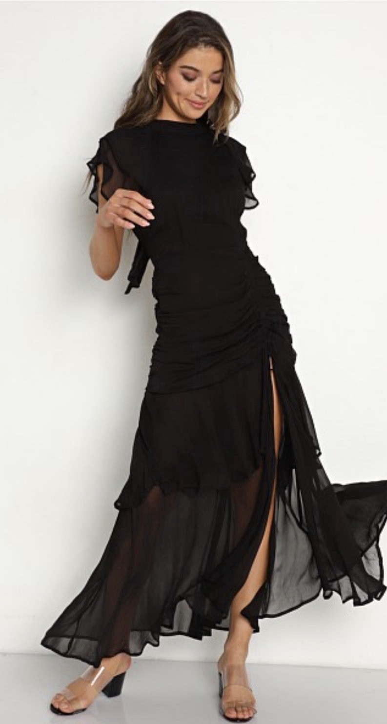 New cleobella Cecilia Dress Ruched black Maxi High Slit Open Back Size medium