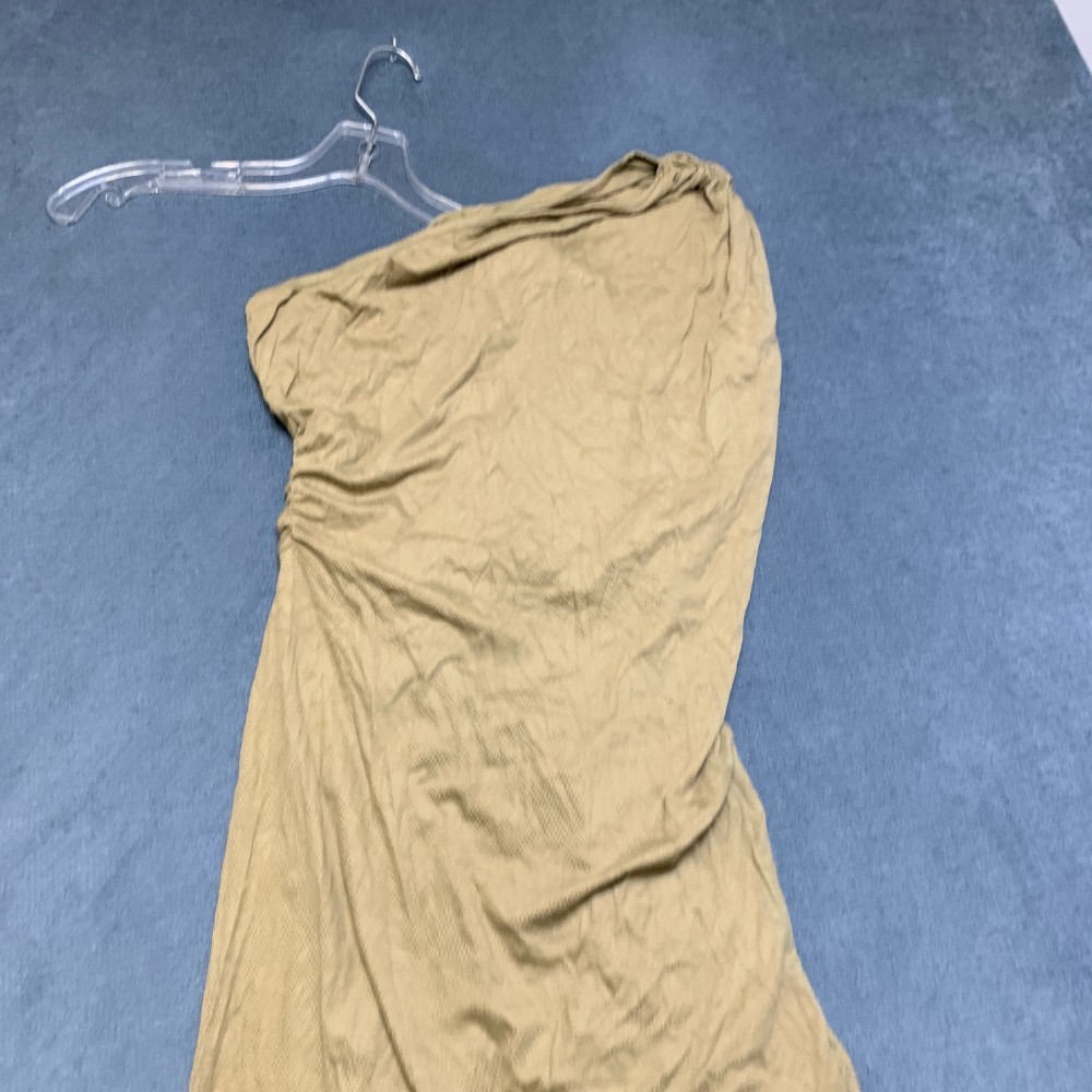 Micas Ruched Bodycon Dress Womens Large Khaki Asymmetric One Shoulder Front Slit