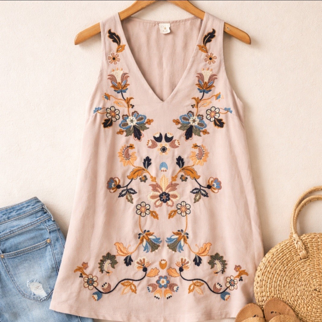 By Together Embroidered Floral V-Neck Sleeveless Dress Beige Women’s M