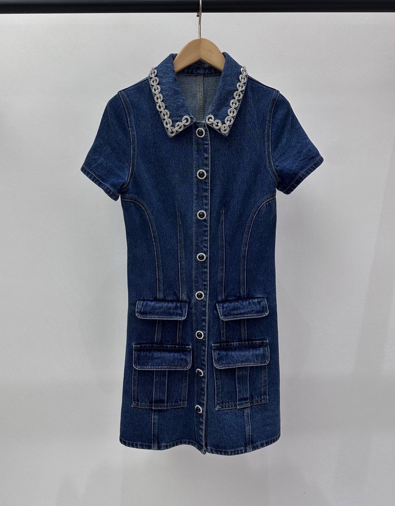 Self-Portrait Flip collar Diamond setting Single-row buckle Denim Dresses