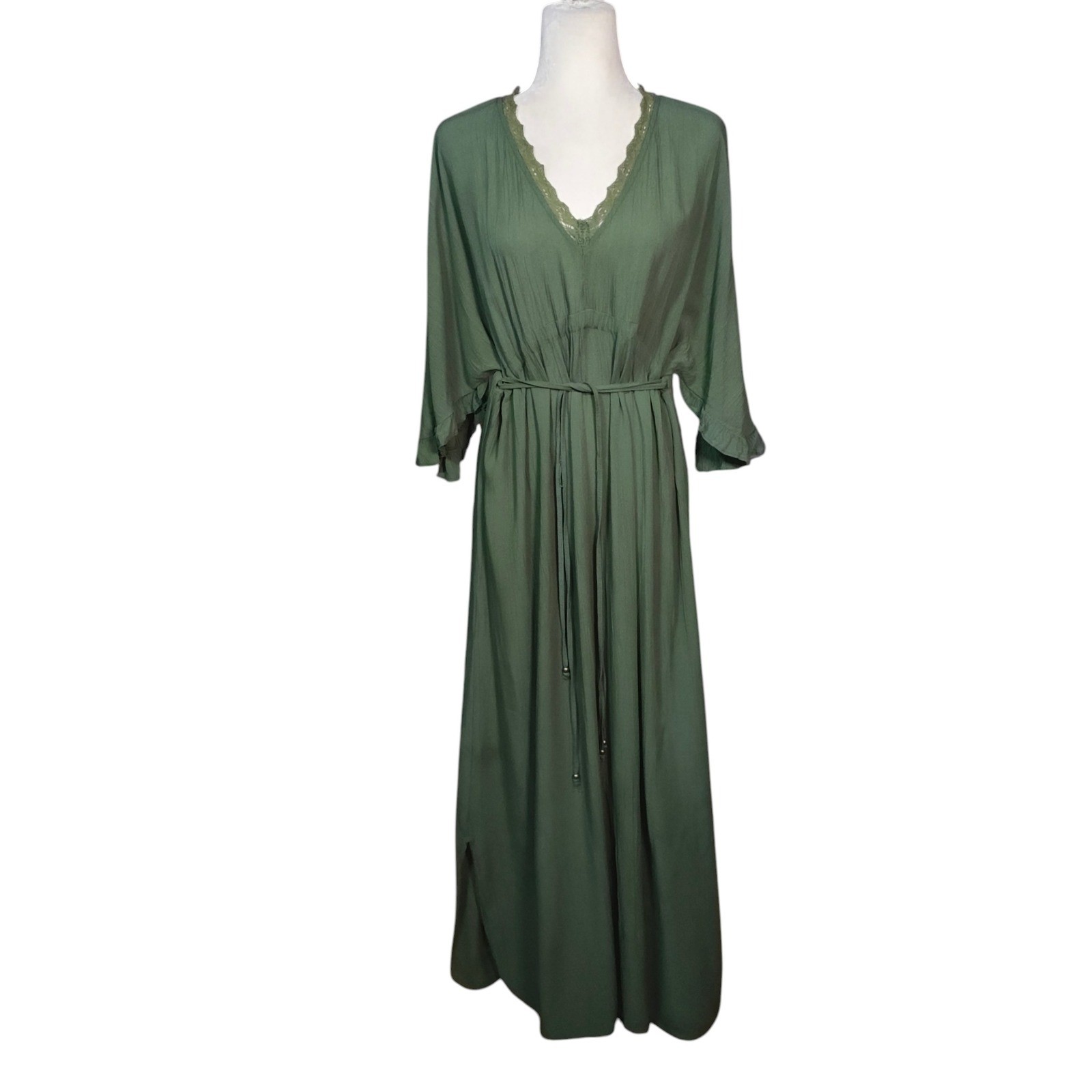 Angie Olive Green Maxi Dress Lace Trim Boho Goblincore Witchy Earthy Forest – S