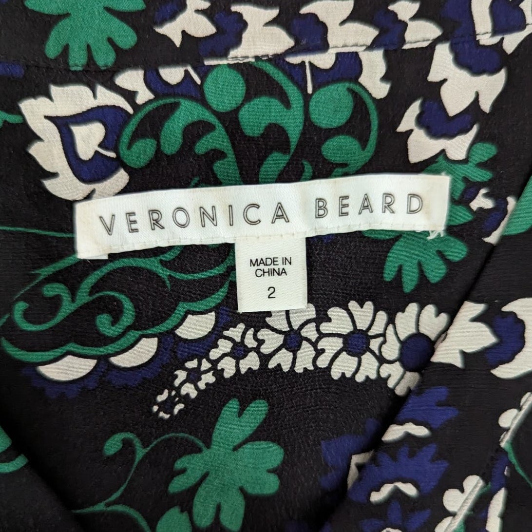 Veronica Beard Elm Silk Shirtdress V-Neck Pleated Green Floral Size 2 Preowned