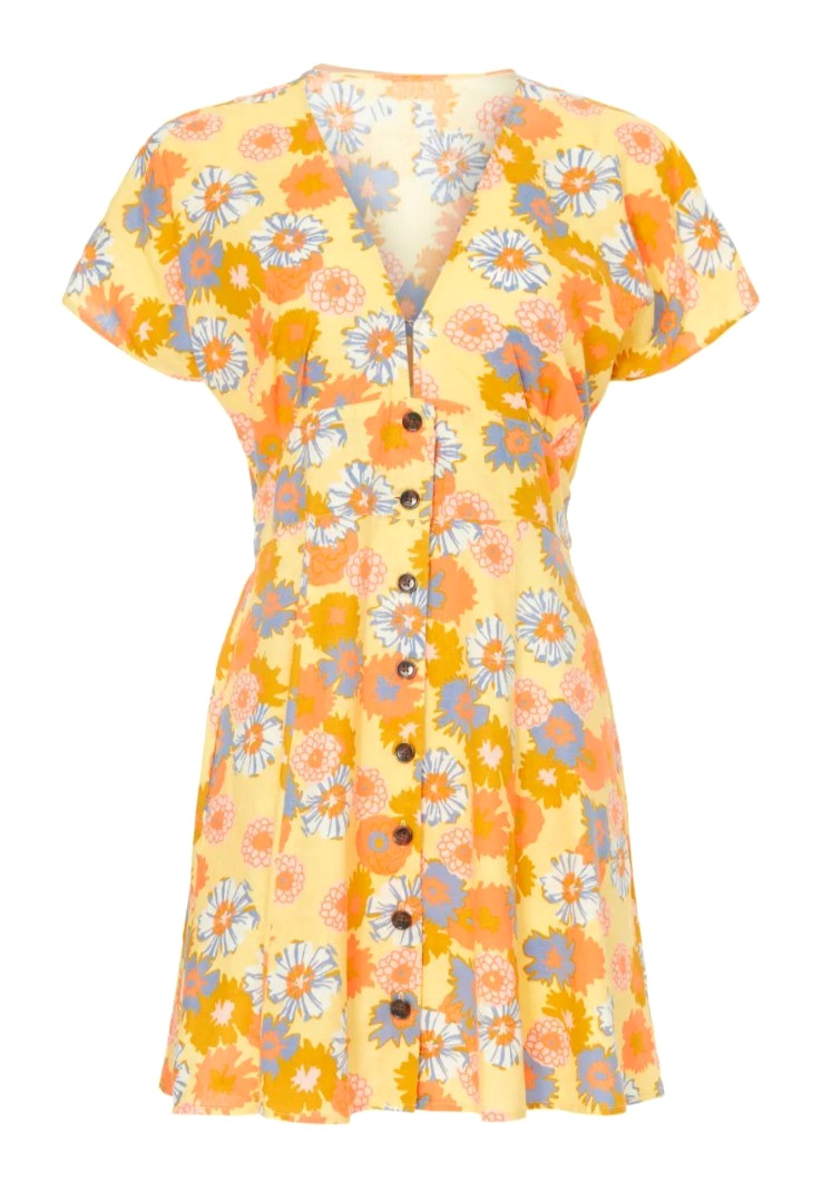 Marine Layer Button Front Yellow Vintage L Floral Short Sleeve Camila Dress NWT