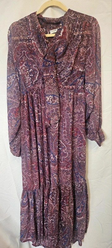 Lupina Purple Bohemian Paisley Chiffon Maxi Tie Neck Tiered Skirt New with Tags