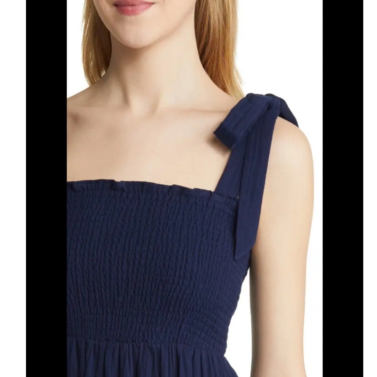 Caslon Smocked Tie Strap Cotton Gauze Midi Sundress Women 1X Blue Boho Tiered