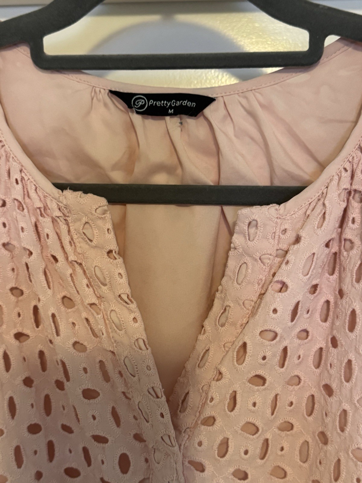 PrettyGarden Pink Eyelet Embroidered V-Neck Fit & Flare Lined Dress M