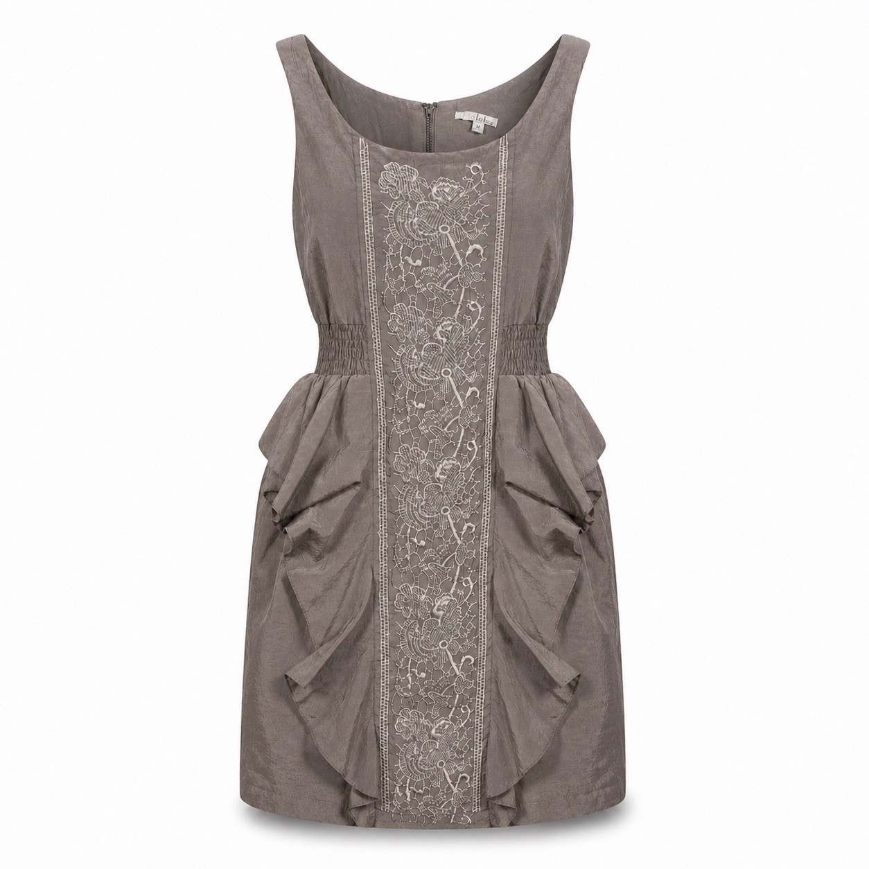 Cecico Gray Sleeveless Dress S Embroidered Ruffle Waist Shiny Fabric