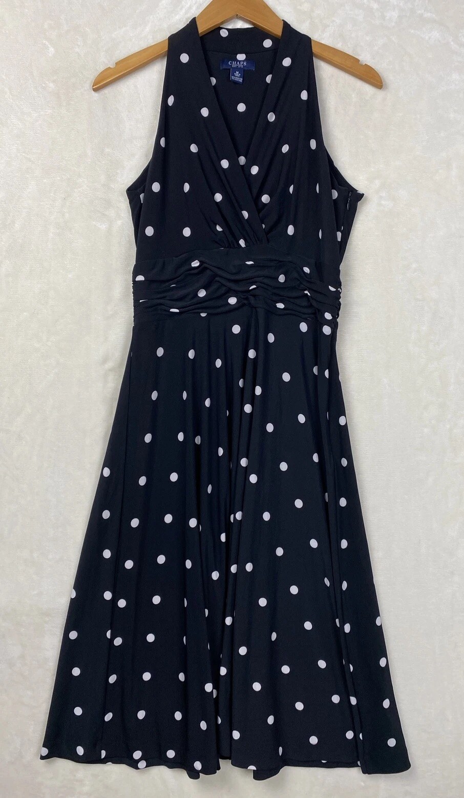 Chaps RL Dress Womens Medium Midi Jersey Polka Dot Ruching S/less Stretch Retro