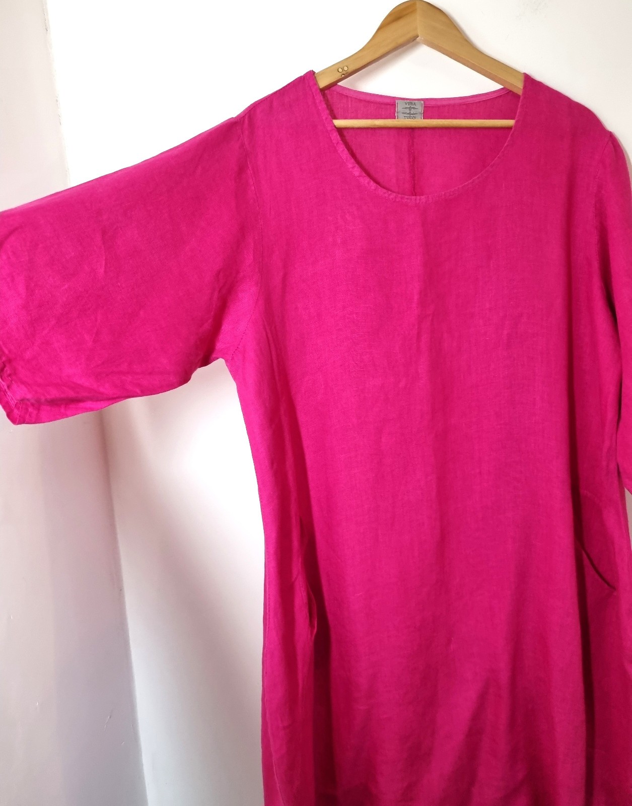 Vera Tucci Linen Dress Size XLPink Pockets Lagenlook Oversized Chest 48”