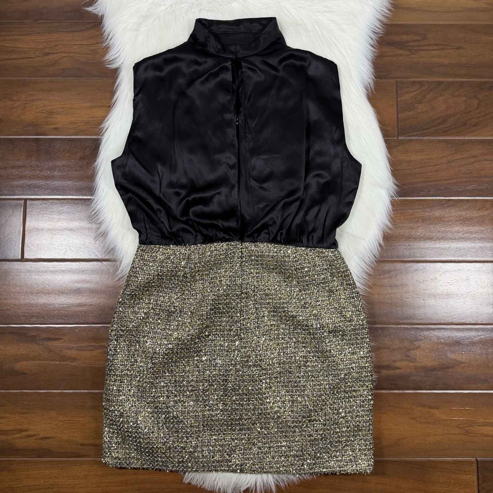Amanda Uprichard Women’s Size Large Black Gold Silk Tweed Brantley Dress