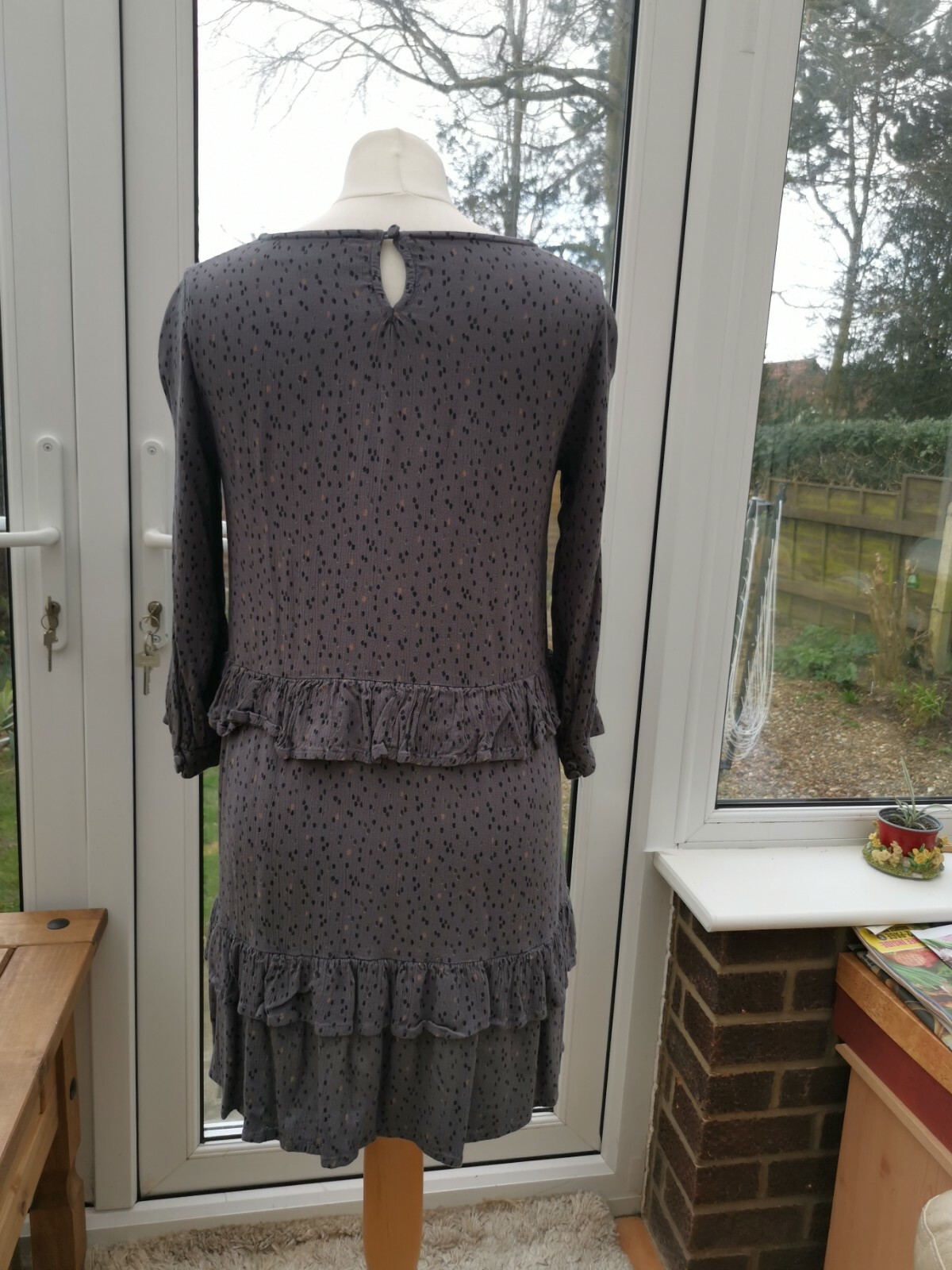FatFace Copper And Black Grey Spot Ruffle Smock Dress Size 10