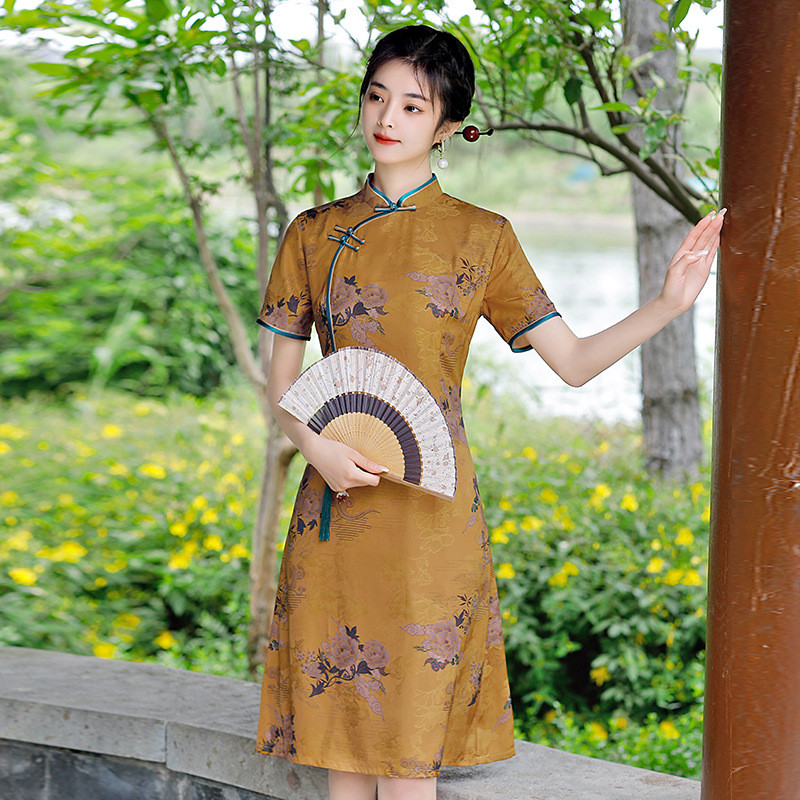 Women Jacquard Floral Cheongsam Dress Knee Length Short Sleeve Fit Flare Qipao