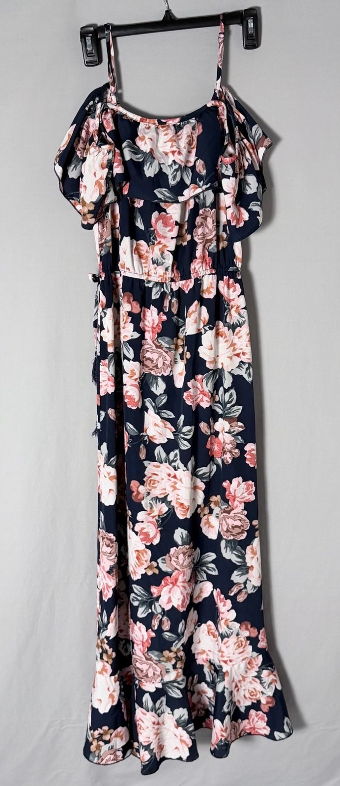 Blush Navy Floral Cold Shoulder Ruffle Trim Maxi Wrap Dress with Tassel Detail