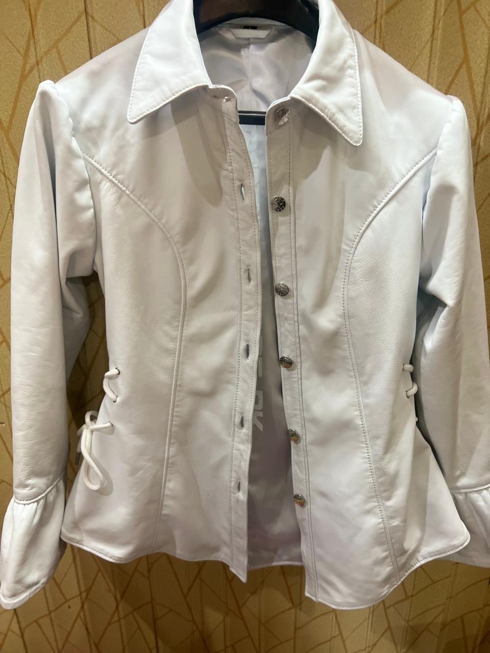 Women’s White Genuine Leather Jacket Lace Up Fitted Button Front Casual Coat