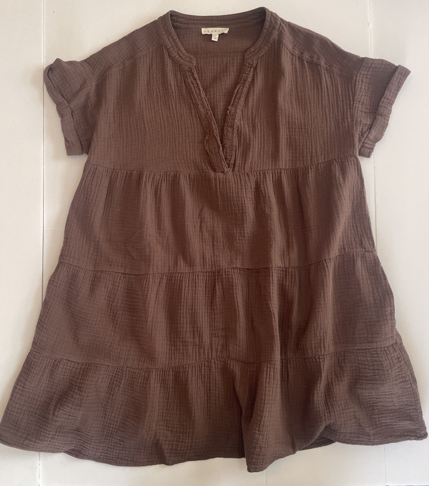 Promesa Mini Dress Crinkle Cotton Brown Women Small Pockets Short Sleeve