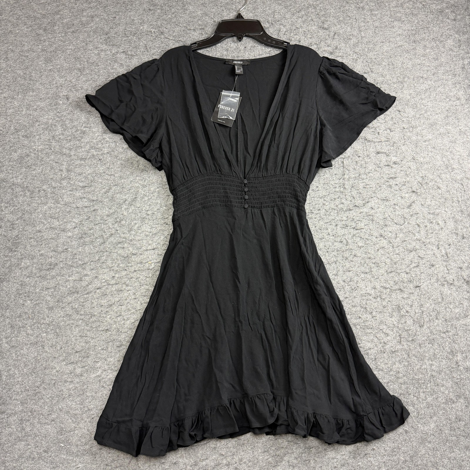 Forever 21 Fit Flare V Neck Dress Womens L Black Woven Ruffle Hem Flutter Sleeve